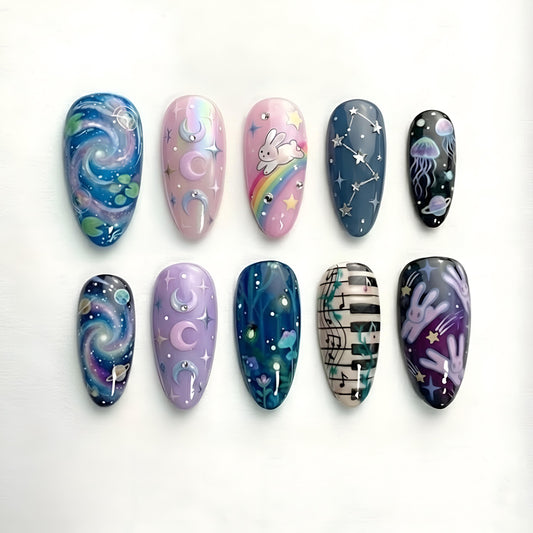Handmade Celestial Press On Nails | Galaxy, Moon, Rainbow, Jellyfish Art