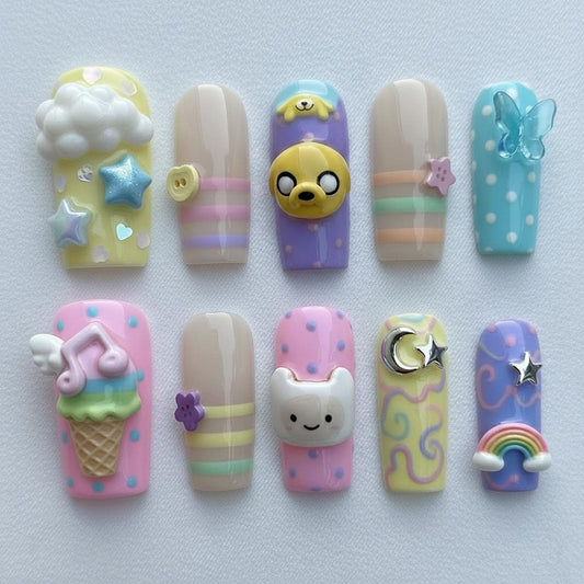 Handmade Adventure Time Press On Nails | 3D Cartoon Gel Nail Art