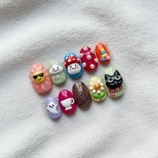Handmade 3D Cartoon Press On Nails | Kawaii Mushroom, Cat & Sun