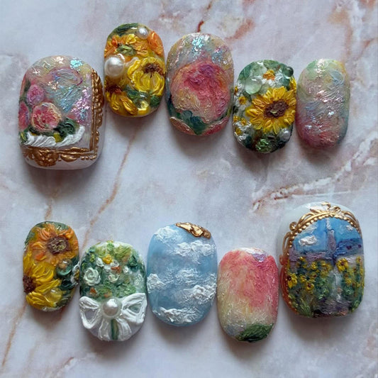 Handmade 3D Sunflower Press On Nails | Impressionist Floral Nail Art