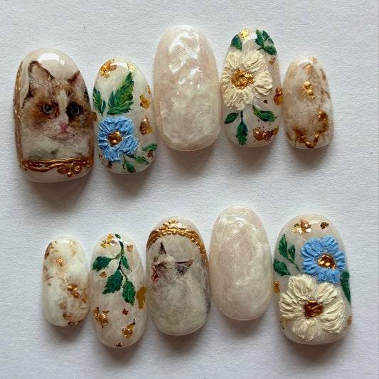 Handmade Cat Floral Press On Nails | Vintage Aristocat Gold Foil Set