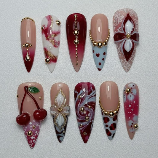 Handmade 3D Cherry Press On Nails | Y2K Coquette Gel Nail Set