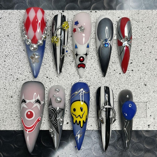 Hand-Painted Pierced Clown Press On Nails – Gothic Stiletto Style
