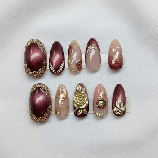 Handmade Burgundy Cat Eye Press On Nails | 3D Gold Rose Baroque Art