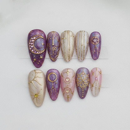 Handmade Celestial Witchy Press On Nails| 3D Gold Moon & Star Astrology Art| Purple Glitter Mystical Luxury Nails| Ethereal Dreamy Gel Nails