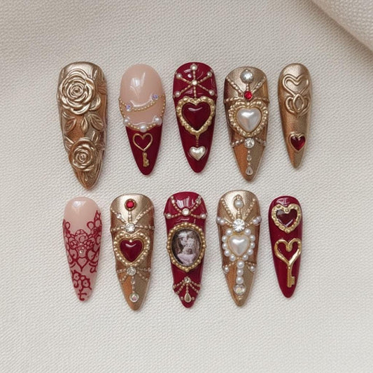 Handmade Baroque Pearl Heart Press On Nails | Vintage Royal Cameo