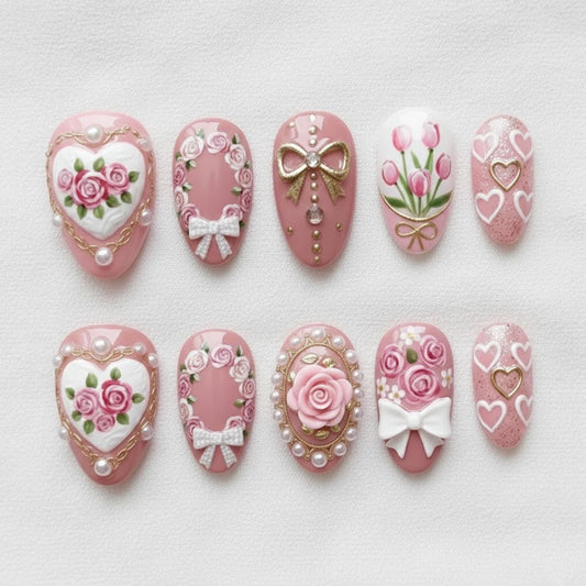 Handmade Coquette Press On Nails | 3D Rose, Bow & Heart, Vintage Floral