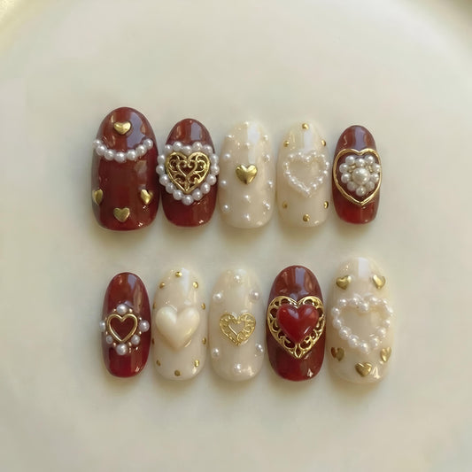 Handmade Burgundy Press On Nails | Vintage Pearl Heart, Gold Filigree