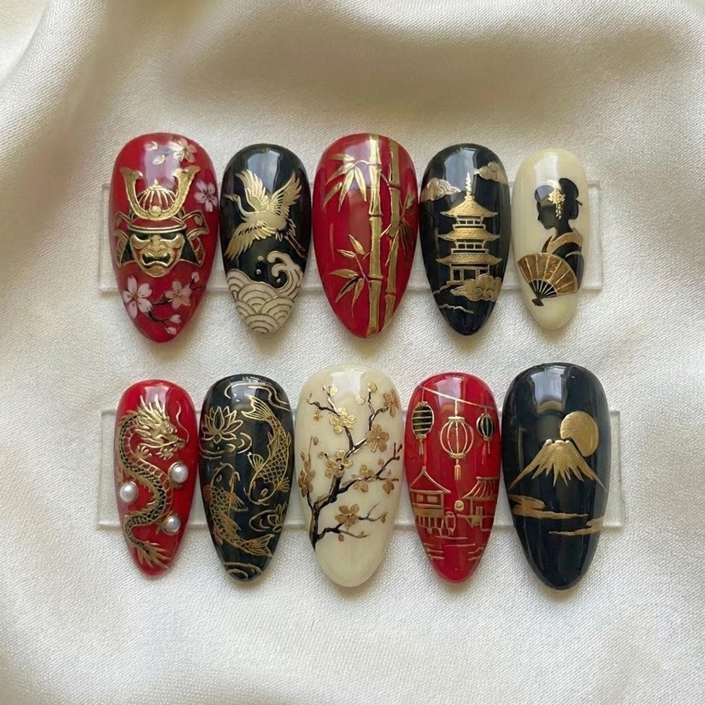 Hand-Painted Japanese Art Press On Nails | Samurai, Dragon & Cherry Blossoms