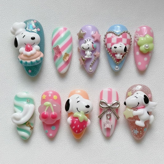 Handmade 3D Snoopy Press On Nails | Kawaii Strawberry Gel Nail Art