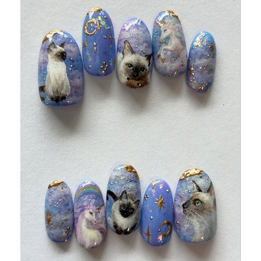 Handmade Celestial Cat & Unicorn Press On Nails | Galaxy Fantasy Art
