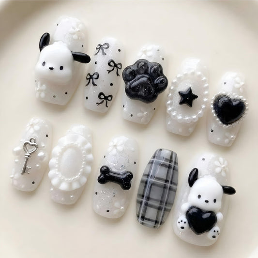 Handmade Black And White Pochacco Press On Nails | Luxury 3D Paw Print And Bone Charms | Gothic Plaid Bow Fake Nails