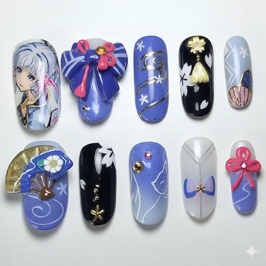 Kamisato Ayaka Press On Nails | Hand Painted Genshin Impact Anime Nails