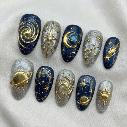 3D Celestial Press On Nails | Gold Stars, Moon, Sun, Galaxy Design
