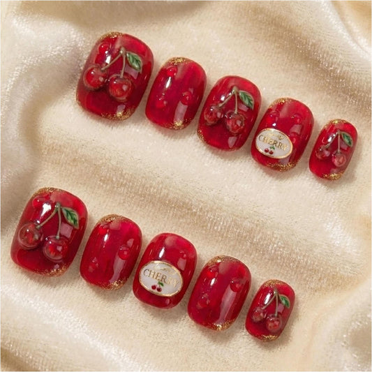 3D Cherry Press On Nails | Ruby Jelly, Gold Glitter, Handmade Gel