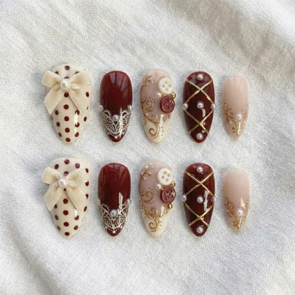 Handmade Burgundy Press On Nails | Vintage Lace, Velvet Bow & Pearl Art