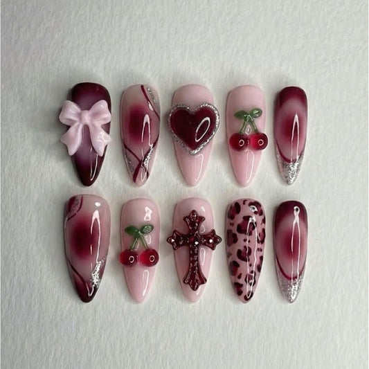 Handmade Coquette Press On Nails | 3D Bow, Cherry, Gothic Cross