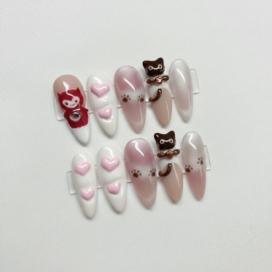 3D Cat Press On Nails | Kawaii Kitty Almond Gel Nail Art