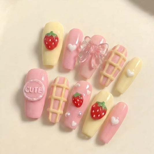 Handmade 3D Bunny Press On Nails | Yellow Gingham, Lace