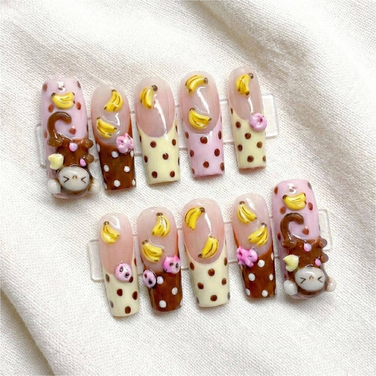 Handmade 3D Monkey Banana Press On Nails | Kawaii Long Square Gel Nails