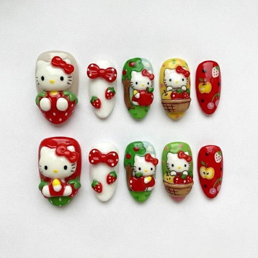 Handmade 3D Hello Kitty Press On Nails | Strawberry & Apple Picnic Art | Red Bow Cartoon Character Nails | Kawaii Harajuku Luxury Gel Set