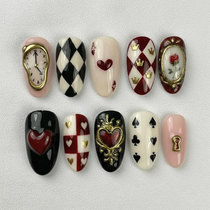 Handmade Alice in Wonderland Press On Nails | 3D Queen of Hearts Gel Set