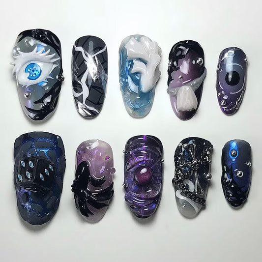 Hand Painted Aventurine Press On Nails | 3D Dice Eye Anime, Gamer Gift