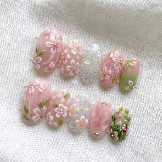 3D Cherry Blossom Press On Nails | Pink Sakura Water Drop Spring Floral Fake Nails