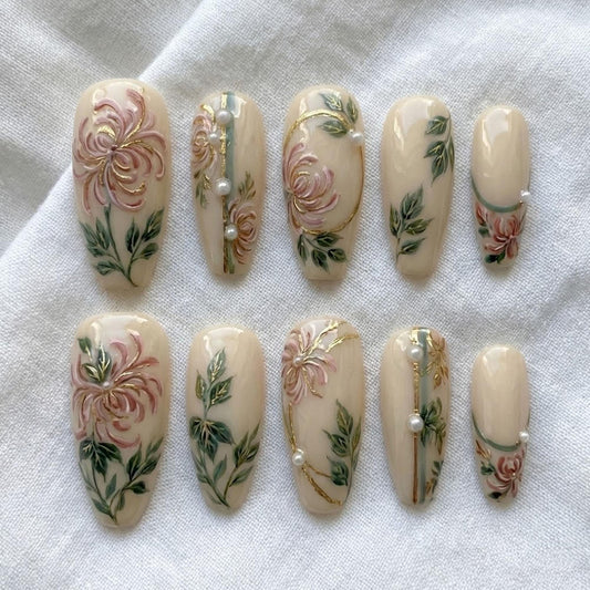3D Chrysanthemum Press On Nails | Pink Floral, Gold Filigree, Sage Green