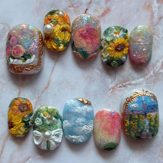Handmade 3D Floral Press On Nails | Impressionist Sunflower Garden Art