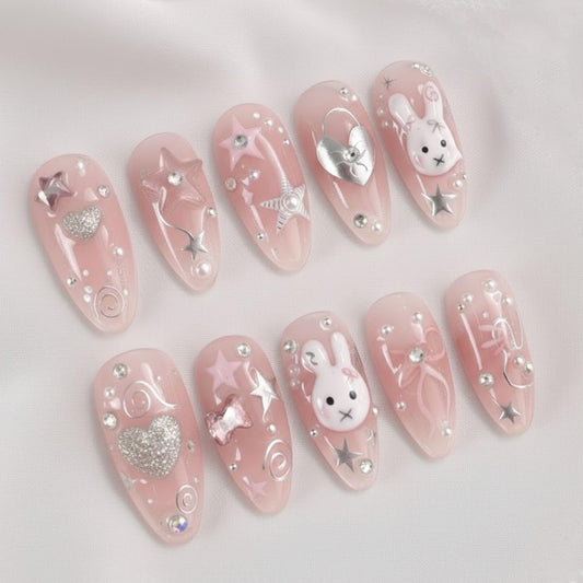 Handmade 3D Bunny Press On Nails | Pink Starry Coquette Gel Nail Set