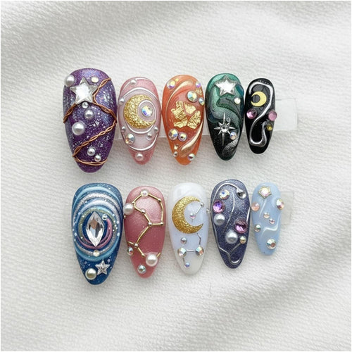 Handmade Celestial Press On Nails | 3D Moon, Star & Zodiac Art