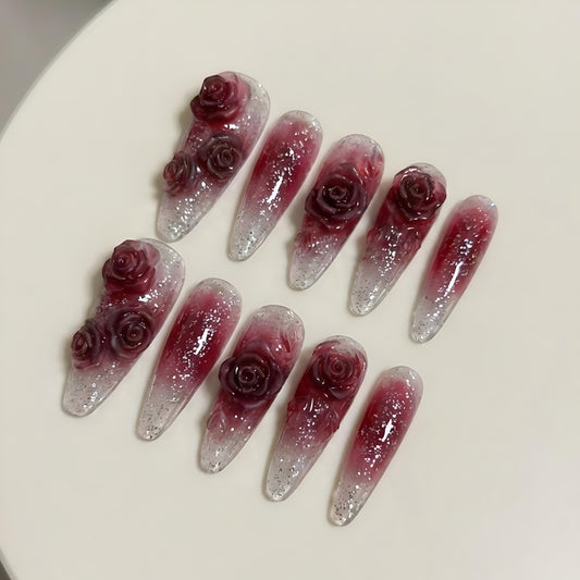 Handmade Burgundy Rose Press On Nails | Gothic Glitter Ombre