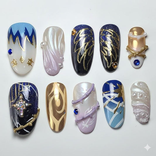 Handmade Celestial Press On Nails | Blue Gold Star Wing, 3D Anime Nails
