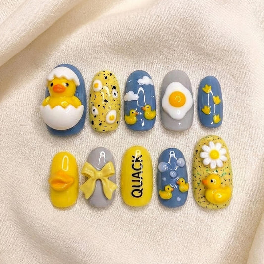 3D Duckling Press On Nails | Kawaii Yellow & Blue Gel Nail Art