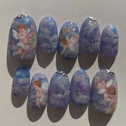 Handmade Angel Cloud Press On Nails | Cherub Renaissance Nail Set