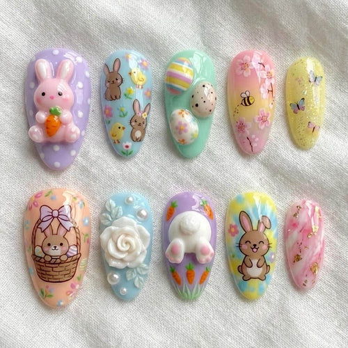 3D Easter Bunny Press On Nails | Handmade Kawaii Spring Nail Art