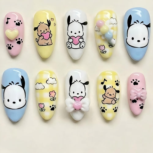 Handmade Cute Pochacco And Puppy Press On Nails | Luxury 3D Bow And Paw Print Nails | Pastel Yellow Plaid Anime Fake Nails