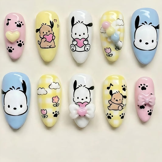 Handmade Cute Pochacco And Puppy Press On Nails | Luxury 3D Bow And Paw Print Nails | Pastel Yellow Plaid Anime Fake Nails