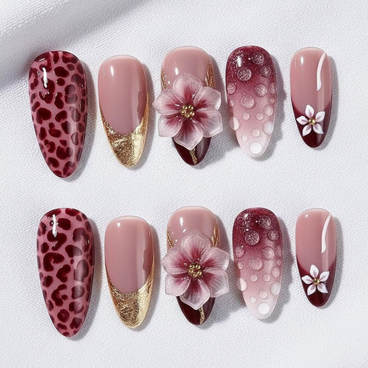 Handmade Burgundy Leopard Press On Nails | 3D Flower, Gold French Tip