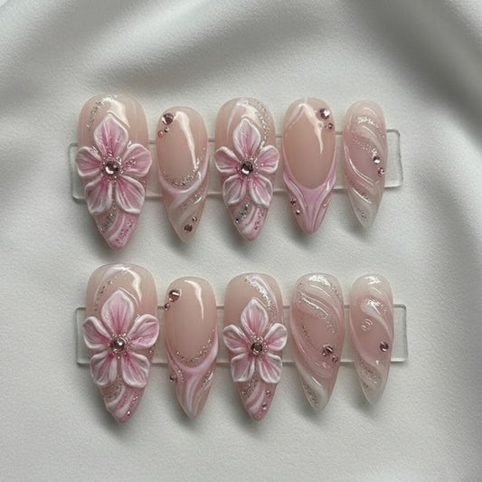 Handmade 3D Pink Flower Press On Nails | Glitter Swirl & Rhinestone Art | Soft Fairycore Spring Nails | Elegant Wedding Luxury Gel Set
